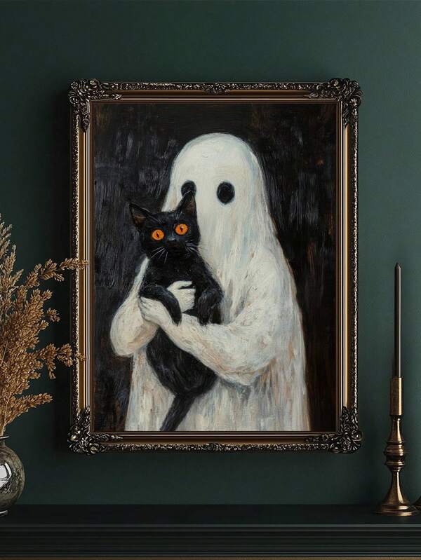 1 pezzo Quadro su tela incorniciato, set di dipinti su tela da appendere in stile vintage dark academia, stampa di pittura a olio con lenzuolo da letto carino, fantasma e gatto nero in biblioteca, decorazione da parete popolare in stile foresta inquietante di Ognissanti e strega