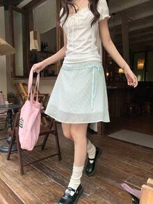 Summer Fresh Plaid Skirt With Bow Tie - Mint Green - View 3