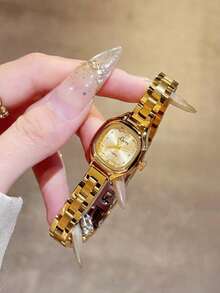 1件法式復古金色方盤女款手錶，優雅小盤石英正裝錶，鑲鑽刻度，奢華風格女錶 - 金色 - 查看 8