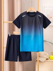 2pcs/Set Teen Boys Navy Blue Gradient Sports T-Shirt And Shorts, Short Sleeve Athletic Set, Suitable For School, Running, Training, Basketball And Outdoor Activities - Blue - View 2