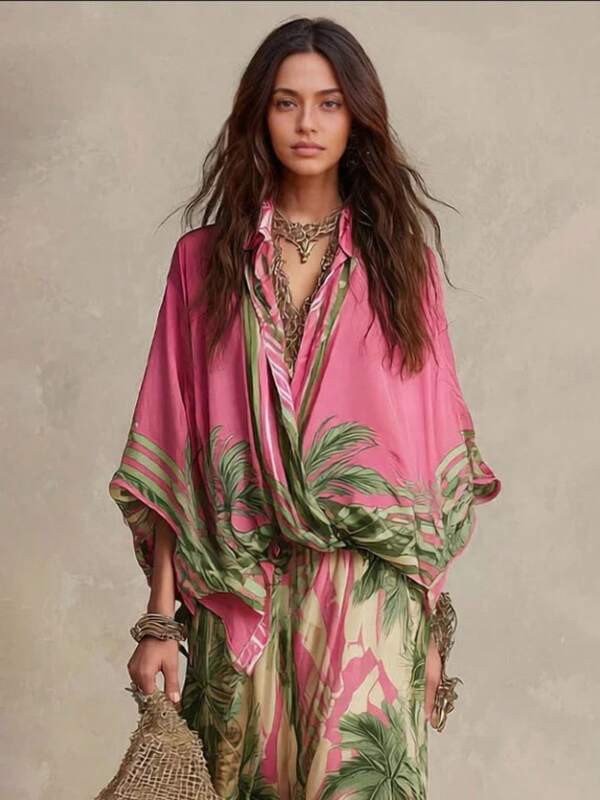 Conjunto de 2 piezas para mujer con camisa oversize y pantalones de pierna ancha con estampado de palmeras rosas para vacaciones tropicales, viaje a la playa, cubrirse en el resort y sesión de fotos en la piscina