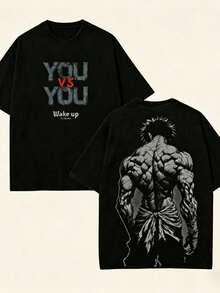 Vintage Hanma Baki Fighter Double-Sided Retro Washed T-Shirt, Loose Unisex Heavyweight Top - 黑色 - 查看 1