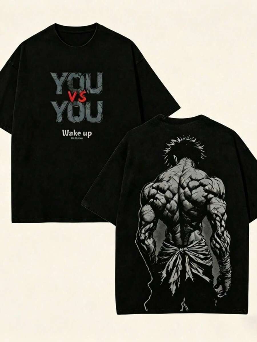 Vintage Hanma Baki Fighter Double-Sided Retro Washed T-Shirt, Loose Unisex Heavyweight Top - 黑色 - 查看 1