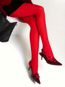 1 par de leggings rojos opacos y ajustados para mujer, medias largas de cintura alta elásticas y semitransparentes, suaves, transpirables y duraderas, unicolor clásico para uso diario, fiestas, cosplay, vestidos de novia y ocasiones formales, calcetines elásticos ajustados al tobillo - Rojo - Ver 3