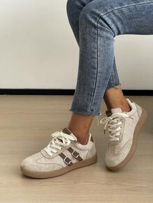 Women's Casual Sports Shoes Color Block Patchwork Preppy College PU Leather Buckle Strap Casual Fashion Spring Summer - Khaki - View 11
