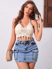 High-Waisted Fitted Mini Skirt With Cargo Pockets, Available In A Variety Of Colors With A Retro-Washed, Stretchy Finish. - Dusty Blue - View 5