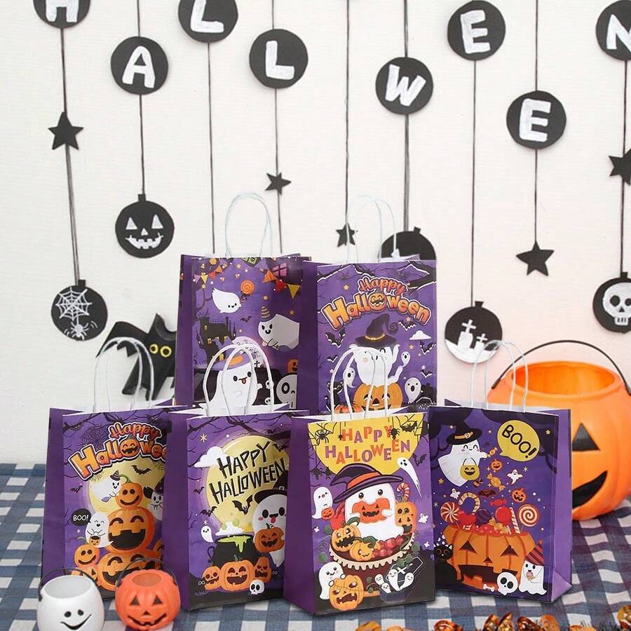 12/24PCS Halloween Series Purple Kraft Paper Gift Bags, Ghost & Pumpkin Lantern Pattern Printed Tote Bags, Multi-Functional Gift Packaging Bags For Birthday, Halloween Party Decoration, Thanksgiving, Christmas Celebration, Party Supplies Shopping Bags - 553 - View 1