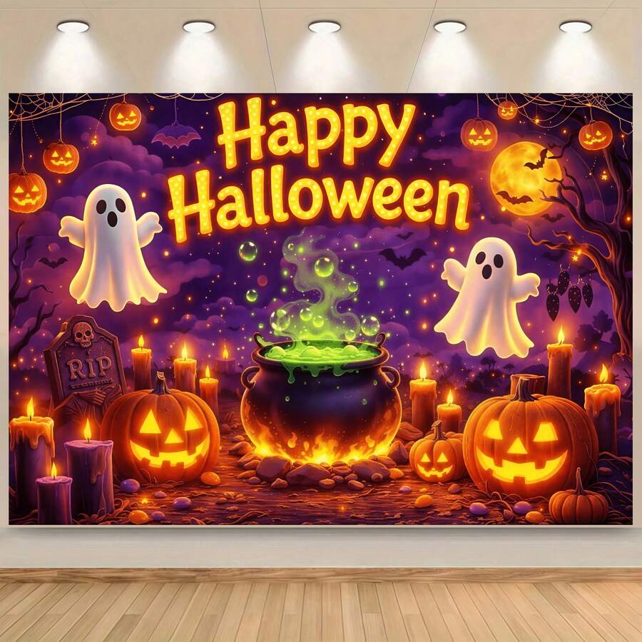 1 Piece Of Magic Potion Halloween Happy Background Cloth, With Magic Pot And Ghost Design, Suitable For Halloween Party Decoration, Home Garden And Living Room Decoration, Halloween Party Decoration Supplies. - Multicolor - View 1