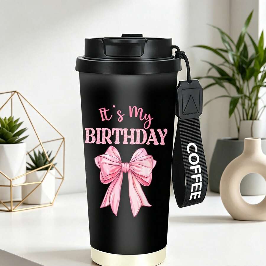 1/5 Stück 18oz Edelstahl Kaffee Becher, Es ist mein Geburtstag Rosa Schleife Muster Reisebecher, Multifunktions Klappstroh Deckel, Schwarzer Kaffee Schlüsselband, Ideales Geburtstagsgeschenk für Mädchen und Frauen, Geeignet für Party, Reise, Zuhause und Alltag - Bogen - Übersicht 1
