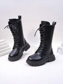 Girls' Black Lace-Up High-Top Boots, Side Zipper Thick Sole Anti-Slip Mid-Calf Boots For Autumn/Winter - Black - View 11