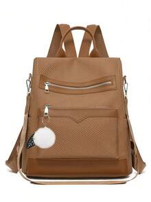 Backpack With PU Pom-Pom Decoration, Multifunctional Fashion Backpack For Women, Handbag, Shoulder Bag, Large Capacity, Multiple Pockets, Multi-Layer, Short Travel Bag - Brown - View 1