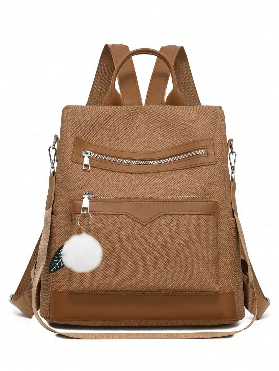 Backpack With PU Pom-Pom Decoration, Multifunctional Fashion Backpack For Women, Handbag, Shoulder Bag, Large Capacity, Multiple Pockets, Multi-Layer, Short Travel Bag - Brown - View 1