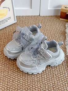 1 Pair Girls' Silver Sequin Mesh Bow Thick Sole Dad Sneakers, Luxury Fairy Princess Style, Suitable For School, Party, Travel And Multiple Occasions - Silver - View 2