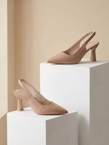 1 Pair 2026 Girl Hollow Side Cutout Pointed Toe Chunky Kitten Heel Elastic Back Strap Dress Sandals Office Party - Camel - View 9