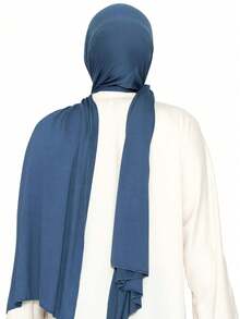 1 buah Hijab Jersey Panjang Warna Polos Lembut, Jilbab Rajut Katun Mercerized untuk Wanita Muslim - Dusty Blue - View 2