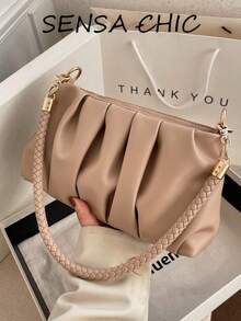 This Stylish Khaki Purple PU Handbag Features A Detachable Shoulder Strap And A Pleated Design, Making It Suitable For Office Workers, Teachers, And Students. - 米色 - 查看 1