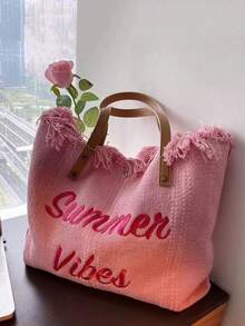 Bolso de lona con borlas con capacidad y diseño de letra, bolso de hombro minimalista para ir de compras y transporte - Beis - Ver 2