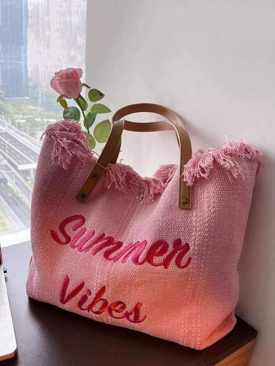 Bolso de lona con borlas con capacidad y diseño de letra, bolso de hombro minimalista para ir de compras y transporte