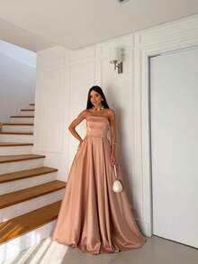 Elegant Strapless Long Party Dress With Built-In Bra Cups And A Full Skirt. - Nude - View 2