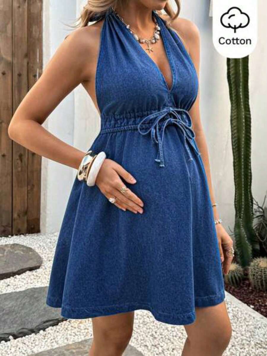 Maternity Solid Color Halter Backless Casual Drawstring Denim Dress Summer Carnival Costume Commuting Vacation Graduation Chic Y2k Cute Streetw - Azul - Ver 1