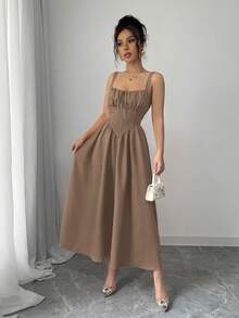 Women's Plain Red Maxi Dress For Summer 2025, Perfect For Valentine's Day Or Holidays, Featuring Ruffles At The Front, A Bow, An Asymmetrical Neckline, And A Slimmed Waist - 卡其色 - 查看 1