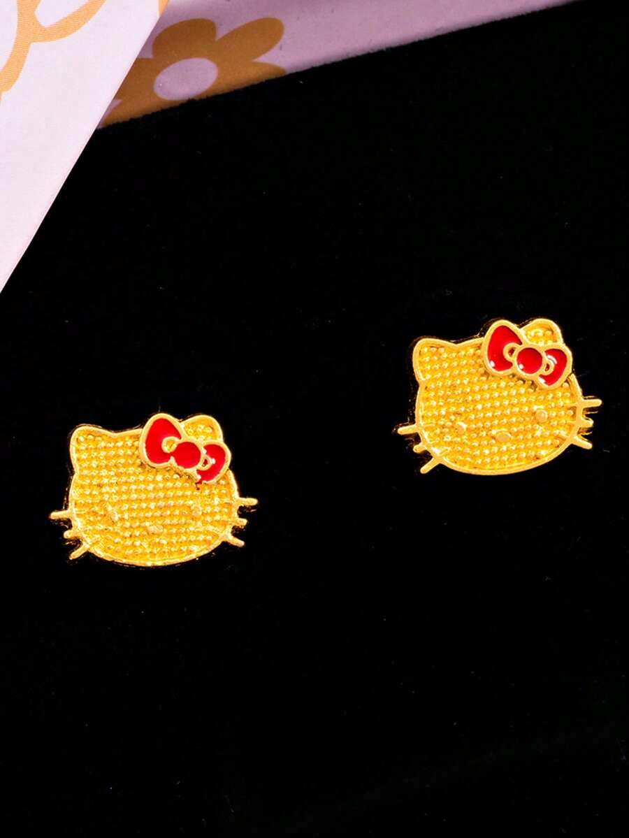 SANRIO 1對時尚熱銷 Hello Kitty 蝴蝶結可愛耳環，適合與時尚穿搭日常配戴，送給好朋友的完美禮物 - 金色 - 查看 1