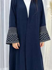 Abaya Kimono Cardigan Elegante de Mujer con Frente Abierto, Mangas Acampanadas Bordadas con Diseño Geométrico, Textura Arrugada, Abrigo Largo Holgado Musulmán - Multicolor - Ver 33