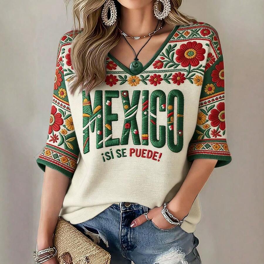 Women's T-Shirt With 3D Print, Three-Quarter Sleeves And V-Neck, Mexico Cup Theme. - Merah - View 1