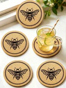 6/3/1pc Round Bee Print Cork Coasters, Heat-Resistant Wooden Beverage Cup Mats, Absorbent Non-Slip Coffee Tea Cup Insulation Pads, Vintage Farmhouse Style Home Kitchen Bar Decor, Housewarming Gift Home Supplies - Multicolor - View 5