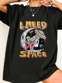 Camiseta De Mujer "I Need Space Alien Moon" De Manga Corta Con Cuello Redondo Casual, Verano Y2K Blusa,Temporada De Graduaciones Playeras Ropa De Mujer - Negro - Ver 1