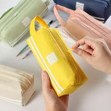 1pc Korean Version Of Simple Portable Stationery Bag Large Capacity Double-Pull Pencil Case Portable Zipper Double Oxford Cloth Pencil Case School Pencil Case Cute Pencil Case Cosmetic Bag. - A - View 1