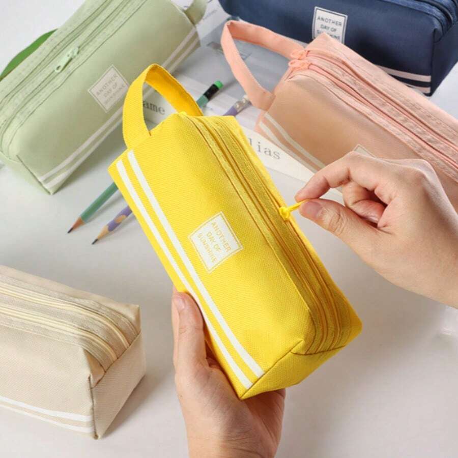 1pc Korean Version Of Simple Portable Stationery Bag Large Capacity Double-Pull Pencil Case Portable Zipper Double Oxford Cloth Pencil Case School Pencil Case Cute Pencil Case Cosmetic Bag. - A - View 1