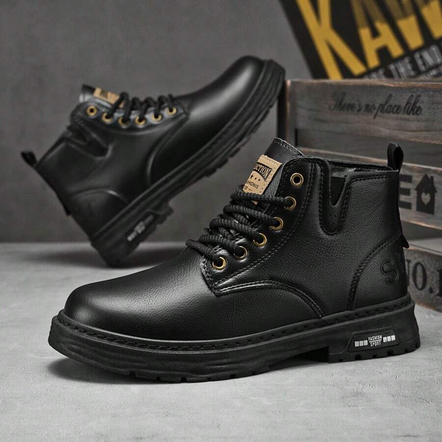 Men's Vintage Brown Side Zipper Snow Boots, High-Top Work Boots, Non-Slip PU Leather Ankle Boots, Suitable For Outdoor Daily Wear - Black - View 1