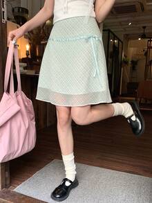 Summer Fresh Plaid Skirt With Bow Tie - Mint Green - View 8