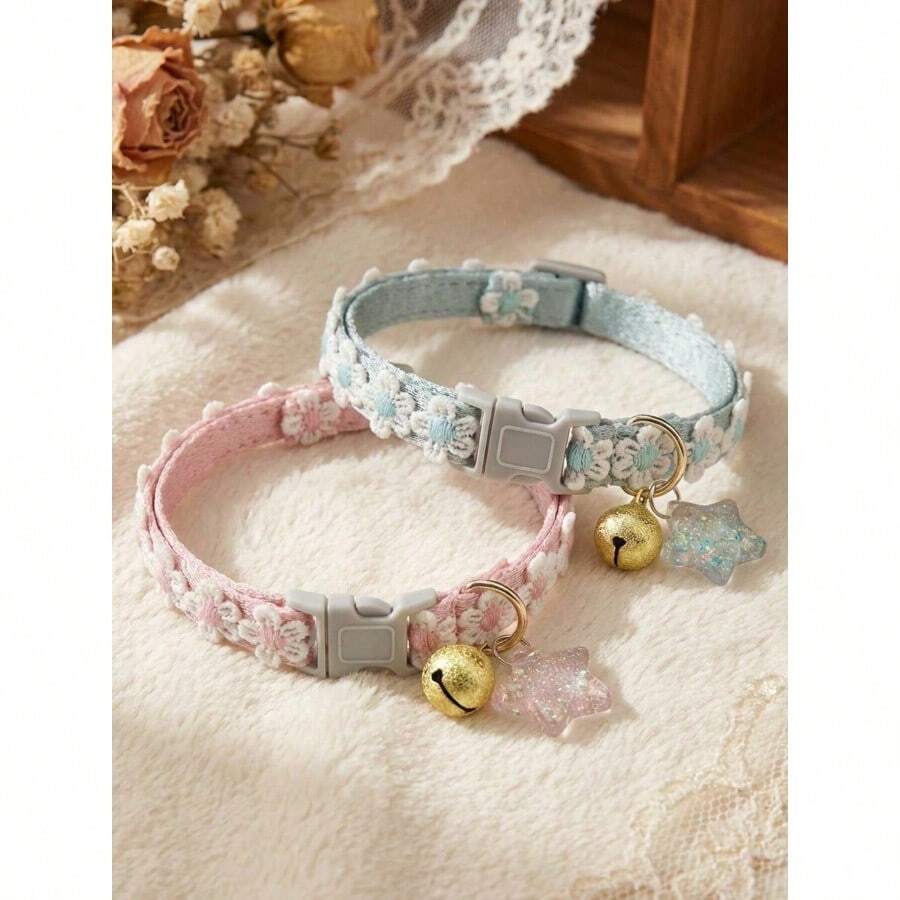 1 Pc Adjustable Pet Collar With Star Ornaments And Bells, Suitable For Cats And Small Dogs With Floral Decorations - Multicolor - View 1