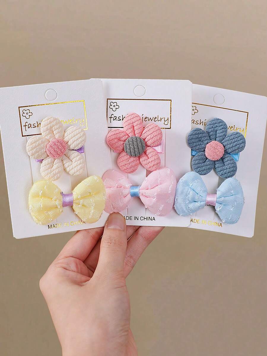 6 piezas de pinzas para el cabello con lazos y flores de tela multicolor para niñas, versátiles para flequillo y parte trasera del cabello, accesorios para el cabello para uso diario - Multicolor - Ver 1