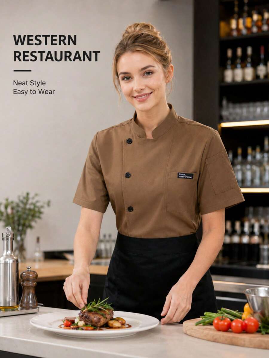 Women's Chef Uniform, Short Sleeve Professional Kitchen Uniform, Hotel Restaurant Chef Uniform, Stand Collar Fall - Khaki - View 1