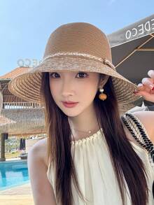 1件女款新款百搭草帽，可作為沙灘帽佩戴，時尚舒適優雅的戶外帽子配件，也是旅行、度假、派對、購物和日常出行的必備配件 - 彩色 - 查看 6