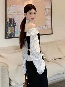 Polka Dot Patchwork Off-Shoulder Button Cropped Shirt (Free Ribbon) Black - Black - View 5
