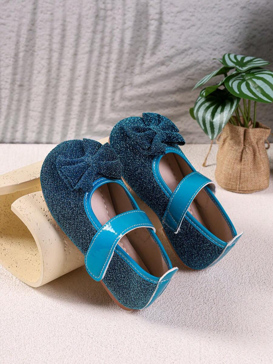 Princess Kids Mary Jane Flats Round Toe Flats Strap Flats Kids Dress Shoes Full Glitter Fabric Matching Bow Patent Band Slip On For School Daily Party - Blue - View 1