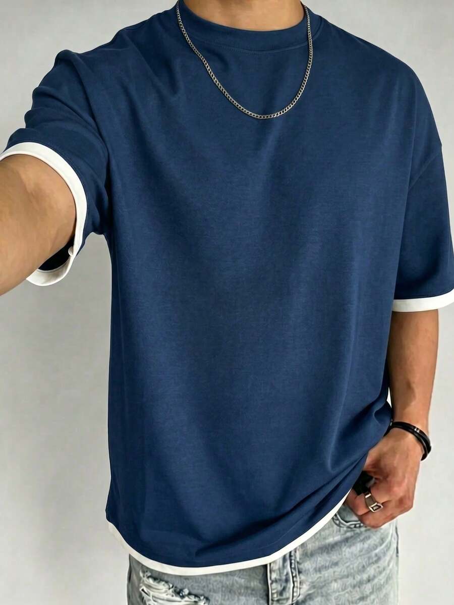 Camiseta de verano versátil y de moda para hombres, diseño de 2 en 1 con contraste de colores, cuello redondo regular, tela de punto transpirable, adecuada para uso diario - Gris - Ver 1