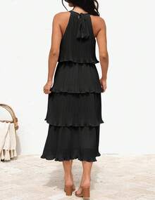 ZESICA Vestido Largo de Gasa para Mujer, 2023, sin Mangas, Cuello Halter, con Volantes, Escalonado, con Vuelo, de Verano - Morado - Ver 8