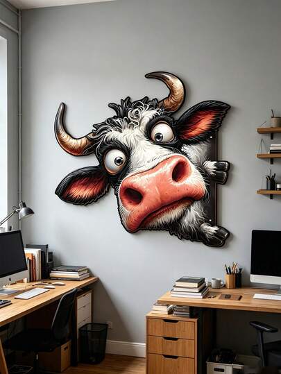 2D Plane Style, Whimsical Peeking Cow Head Metal Wall Hanging, Cute Cartoon Farm Animal Iron Wall Sculpture, Rustic Farmhouse Home Decor, Fun Lighthearted Gift For Office Living Room Farm Lover