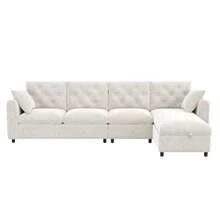 Modern Velvet Sofa With Corner Storage, L-Shaped Storage Compartment That Can Be Rotated Left And Right, Side Armrests With Magazine Pockets, Tufted Backrest. Beige. (281 * 86 * 71 Cm) - Beige - View 1