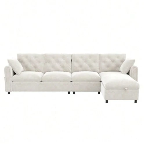 Modern Velvet Sofa With Corner Storage, L-Shaped Storage Compartment That Can Be Rotated Left And Right, Side Armrests With Magazine Pockets, Tufted Backrest. Beige. (281 * 86 * 71 Cm) - Beige - View 1
