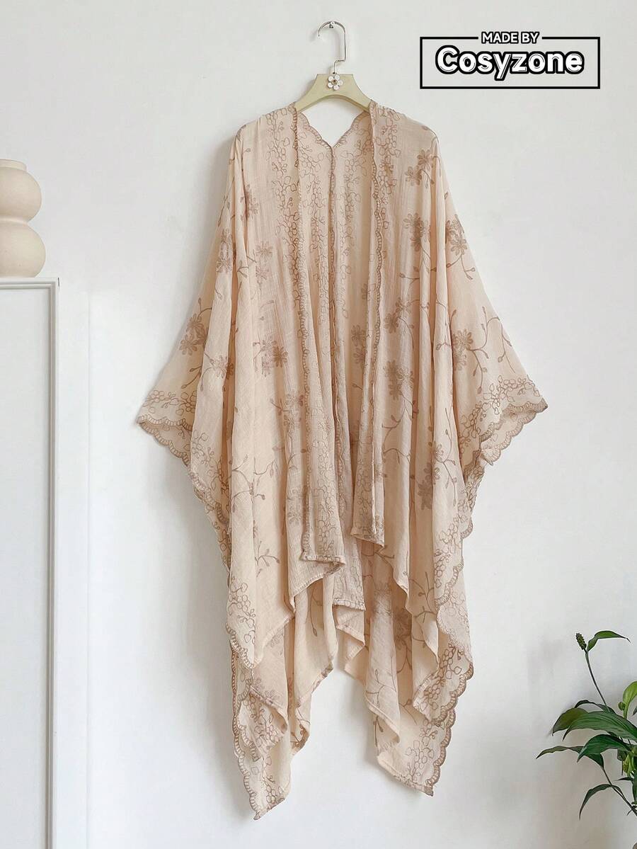1pc Elegant Floral Pattern Bohemian Style Embroidered Split Shawl Kimono Sarong For Women, Spring/Summer Beach Vacation Sun Protection Cover-Up, Fashionable Versatile Lightweight Luxury Decorative Cardigan, Perfect For Daily Wear And Gift - Apricot - View 1