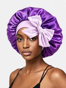 1pc Women's Elastic Satin Sleep Cap With Adjustable Tie, Dual Color Hair Protection Headscarf Hat For Daily Use - Purple - View 5
