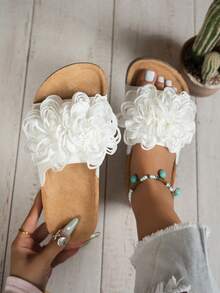 Sandalias tipo slide de plataforma de corcho con strass, doble hebilla y punta abierta para mujer - Blanco - Ver 4
