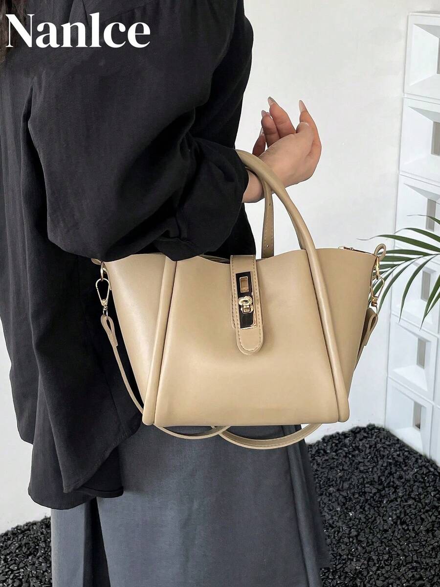 Adjustable Shoulder Strap Handbag, PU Material, Solid Color, Open Top, Random Printed Pattern, Oil Edge Treatment, Perfect For Women's Daily Use
