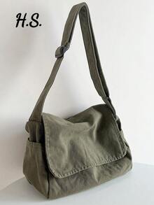 Bolsa cruzada de solapa vintage minimalista, bolsa de lona lavada gruesa, bolsa de mensajero de gran capacidad, versátil y casual, estilo estadounidense para estudiantes universitarios, viaj - Negro - Ver 1